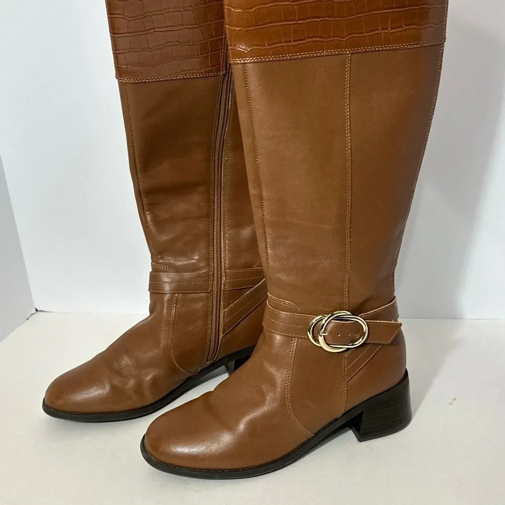 Marc Fisher Knee High Croc-Print Brown Boot | Women Size 6 ½ W