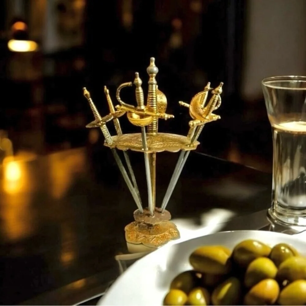 Vintage Spanish Toledo Cocktail Swords Picks Set 6 Gold Silver Metal Stand 4