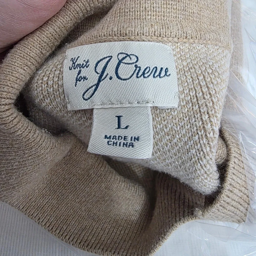J. Crew Mens Knit Button Front Polo Shirt Tan Beige Striped Short Sleeve Large