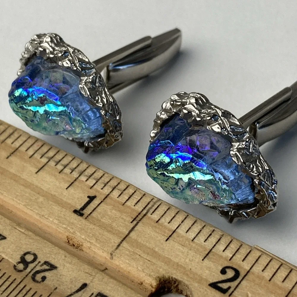 Vintage Blue Nugget Silver‎ Tone Cufflinks Pat. 2.974.381 Classic Retro Mens