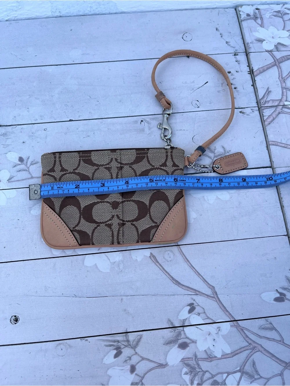 Coach Brown Signature Canvas Wristlet with Tan Leather Trim