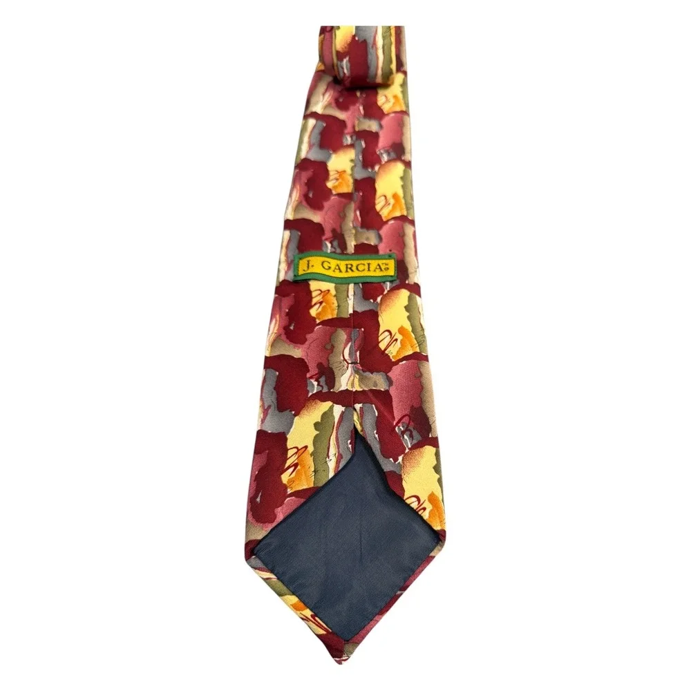 J. Garcia Mens Silk Necktie Abstract Watercolor Burgundy Gold Green Art Tie