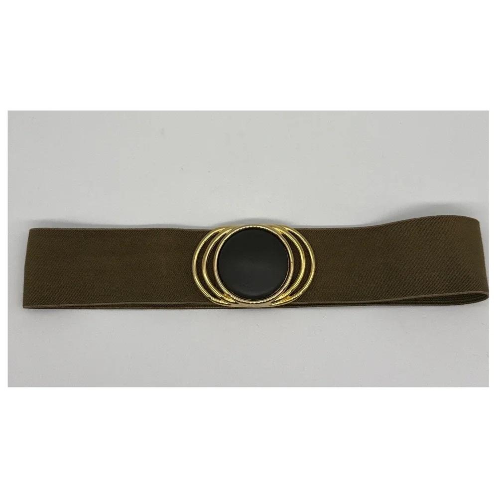Vintage Wide Elastic Cinch Belt Olive Brown Gold Black Buckle Retro 25