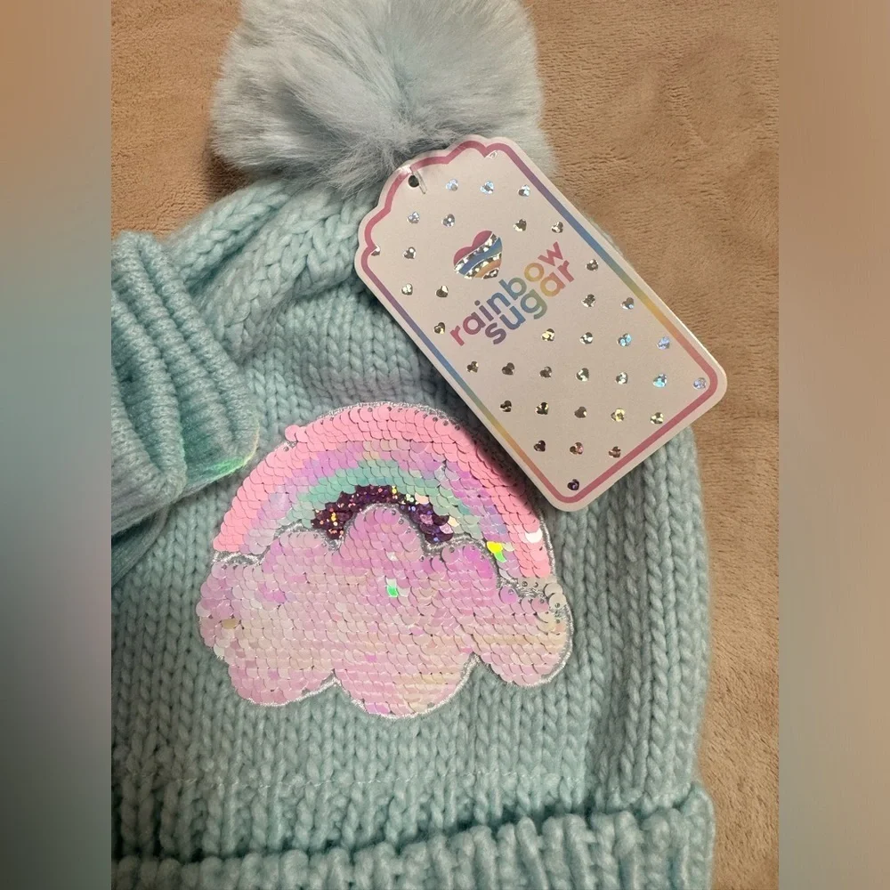 Kids Rainbow Pom Beanie Hat