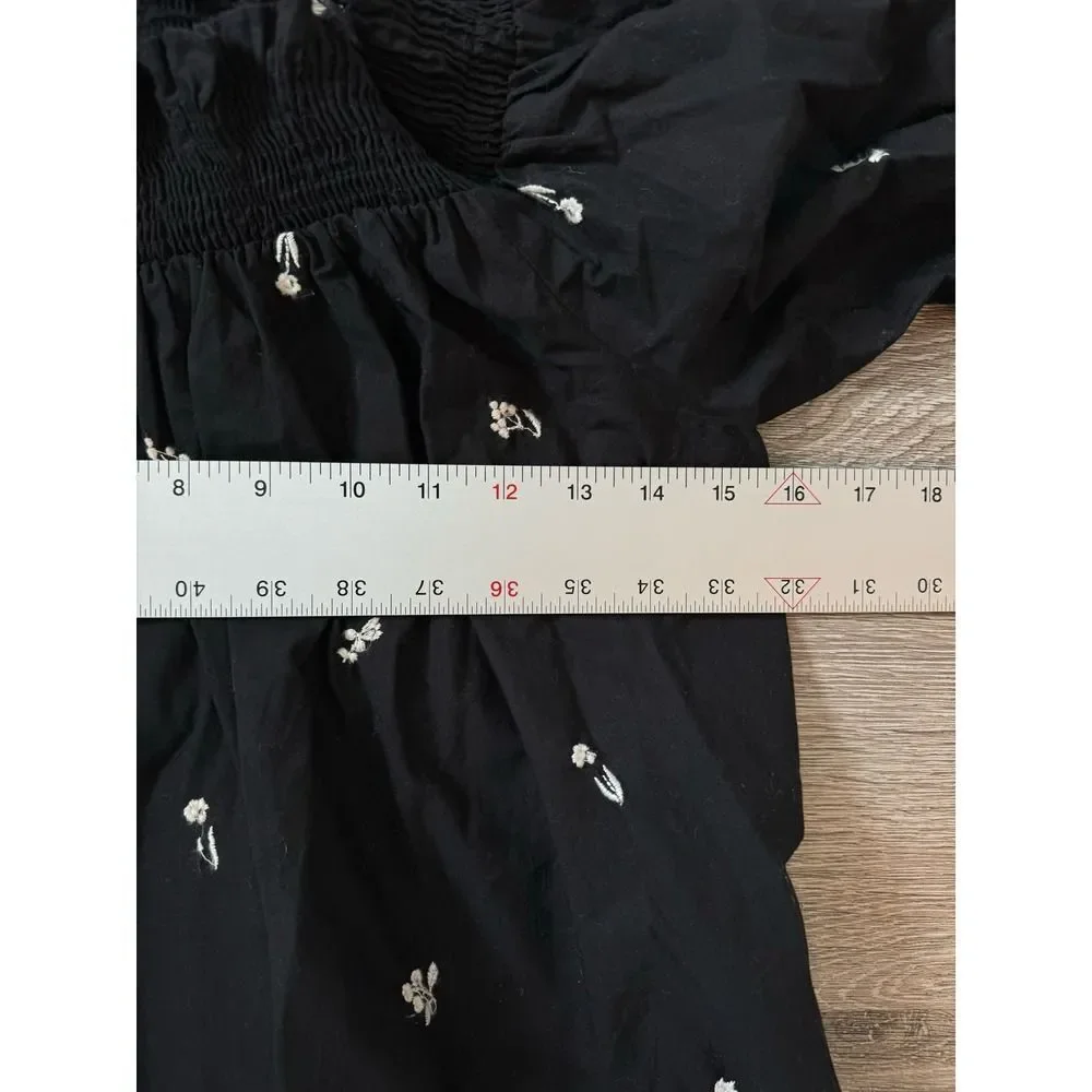 Zara Off Shoulder Embroidered Peasant Blouse Top Black Boho Romantic Size S