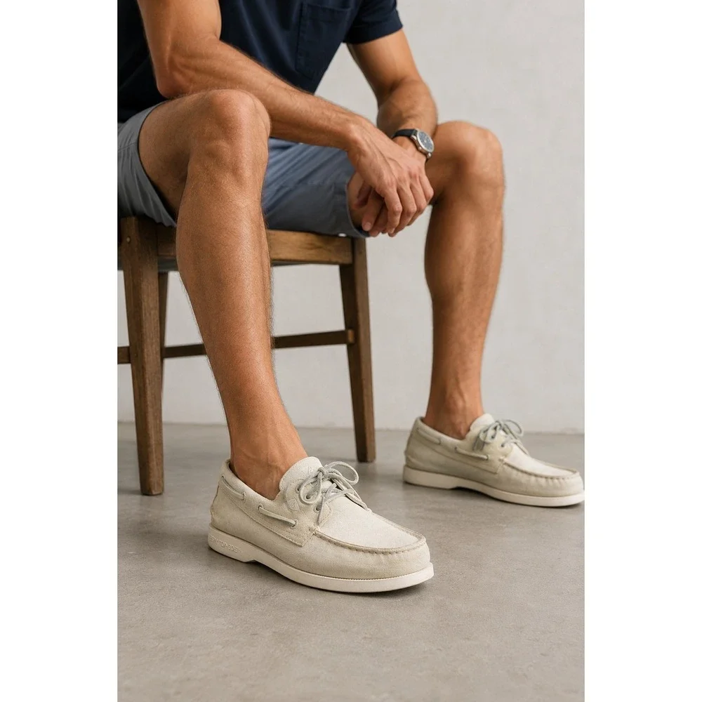 Sperry Top-Sider Mens 8 Boat Shoes Beige Canvas Suede Deck Shoes STS19368