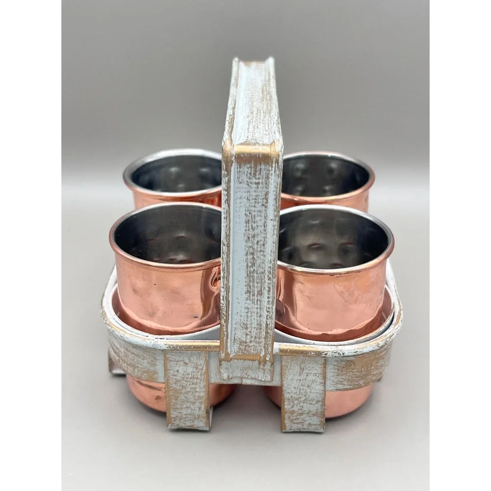 Hammered Copper Shot Glass Set‎ of 4 with Distressed White Metal Caddy Barware