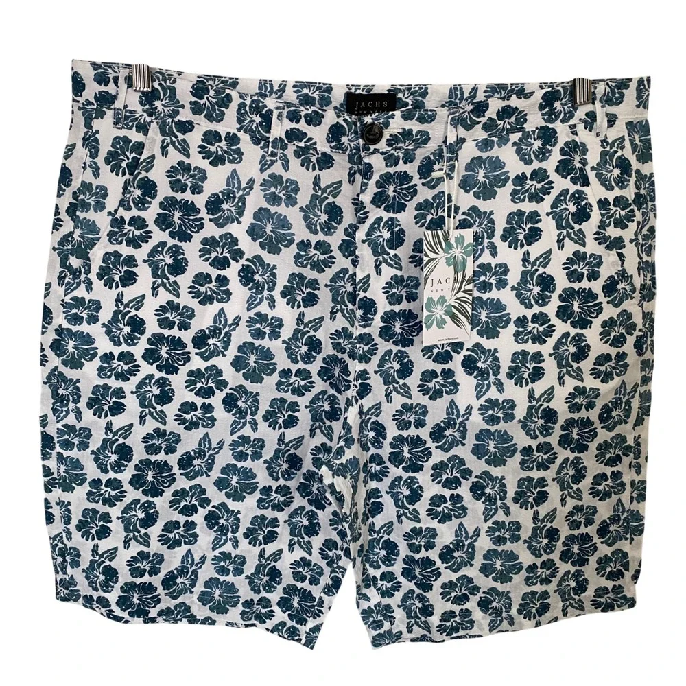 JACHS NY Mens 40 White Blue Hibiscus Floral Seersucker Cotton Shorts Flat Front