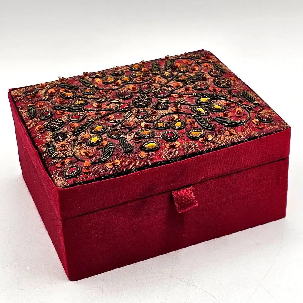 Red Satin Sequin Jewelry Box with Mirror Glam Vanity Organizer Boho Decor