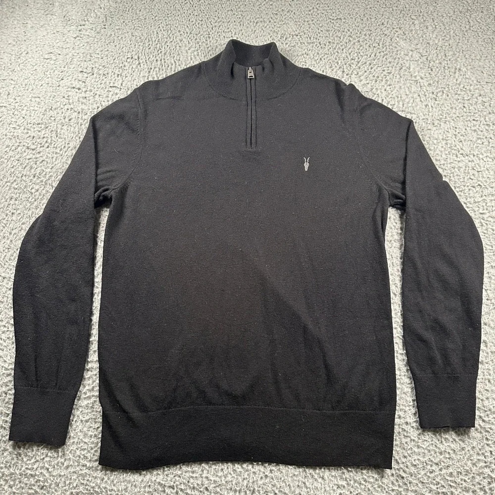 AllSaints Mens Kilburn Zip Funnel Neck‎ Black Wool Blend Pullover Sweater Large