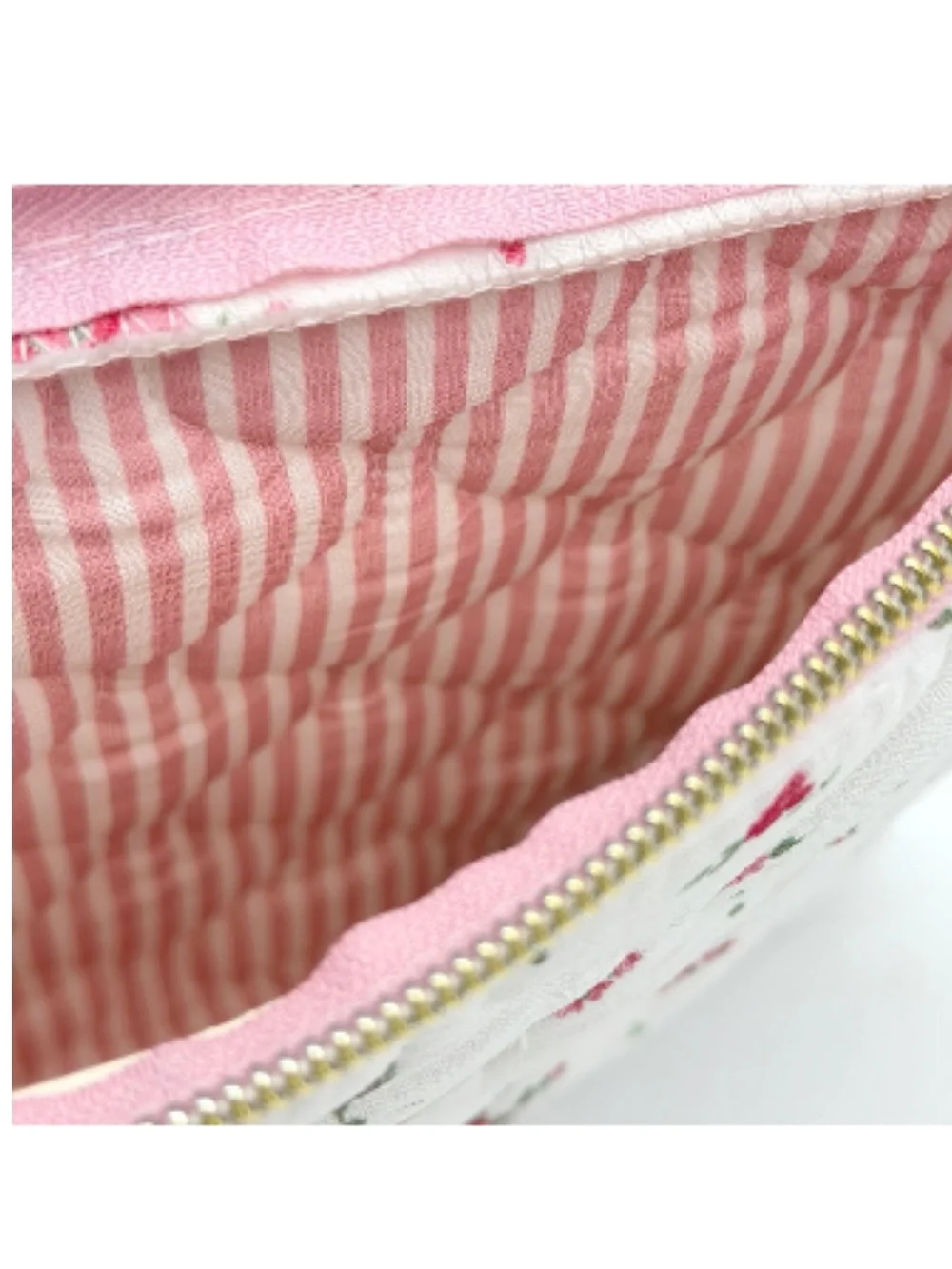 LAURA ASHLEY “Cora” Floral Quilted Zip Pouch with Pink Striped Lining - NEW