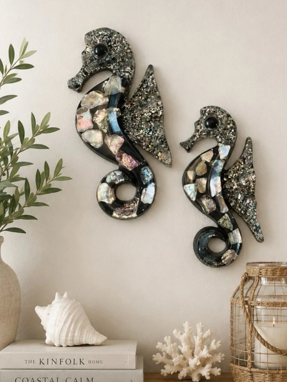 Vintage Seahorse set resin abalone shell Wall Art 1960s Retro Beach cottage