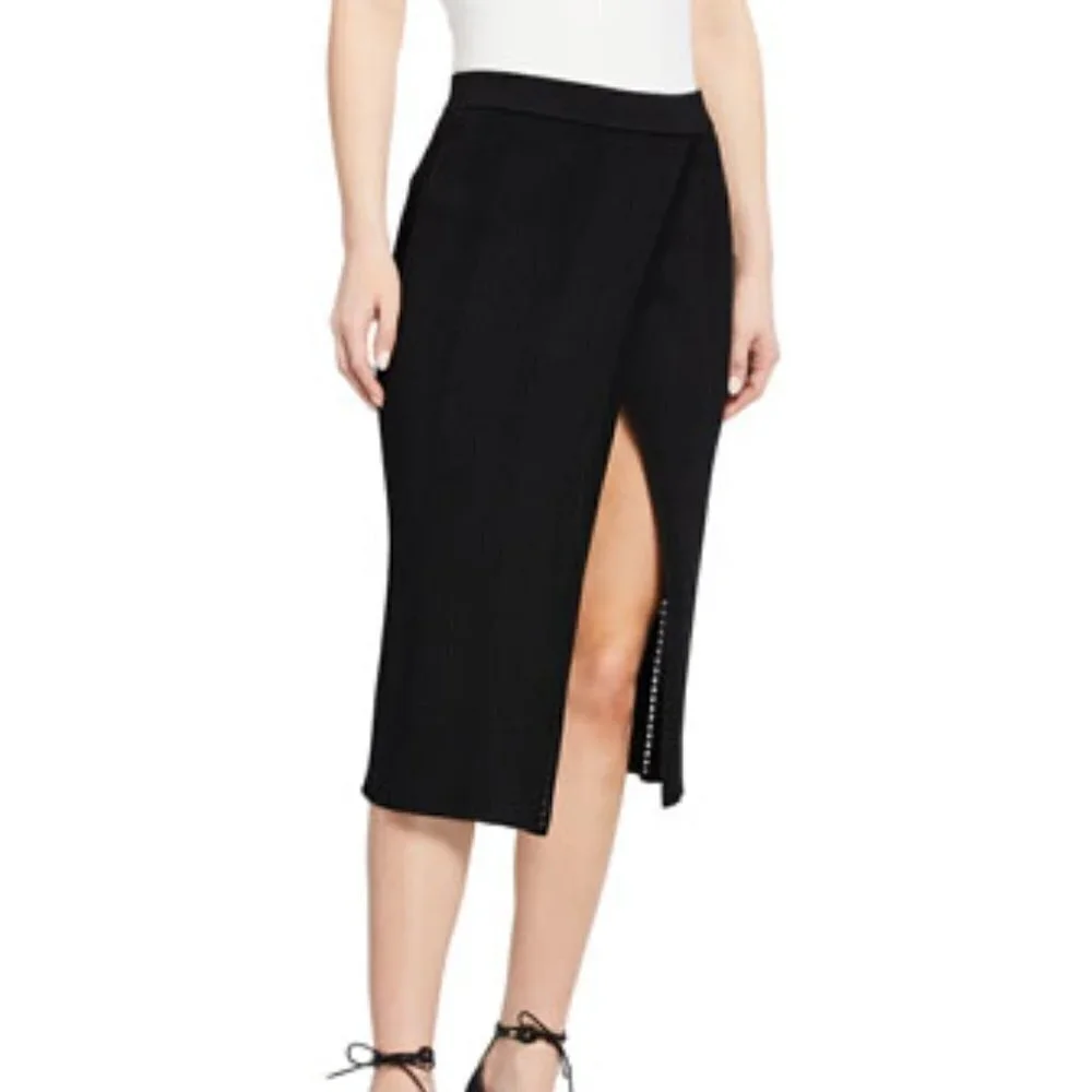 Jonathan Simkhai Eyelet Ribbed Knit Wrap Skirt Black Slit Midi Size XS