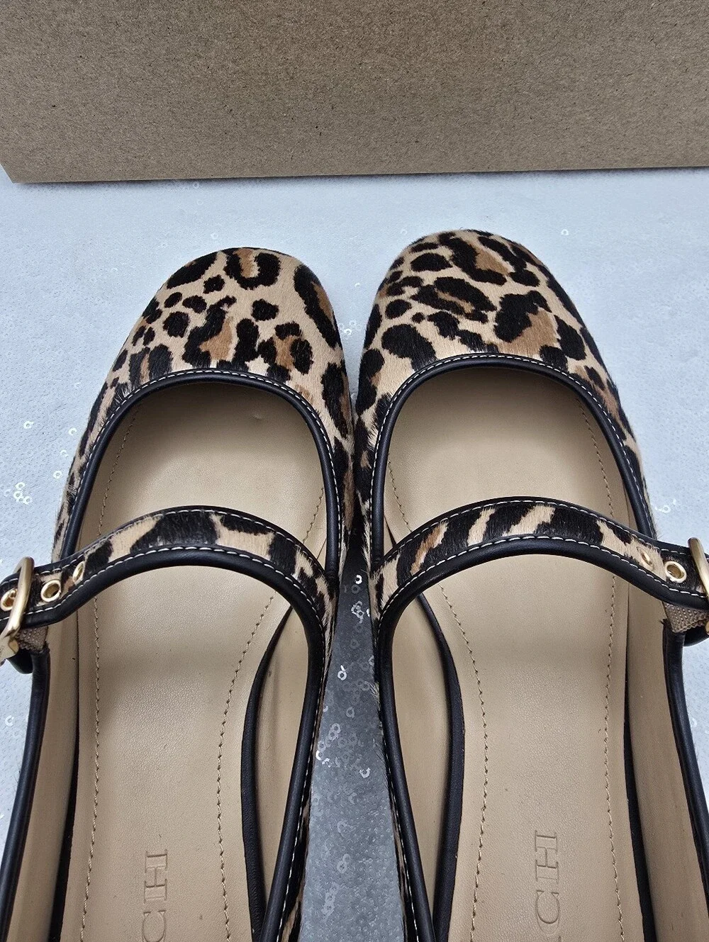 Coach C Rivet Mary Jane with Leopard Print Calfhair Women's sz 10 Tan & Black