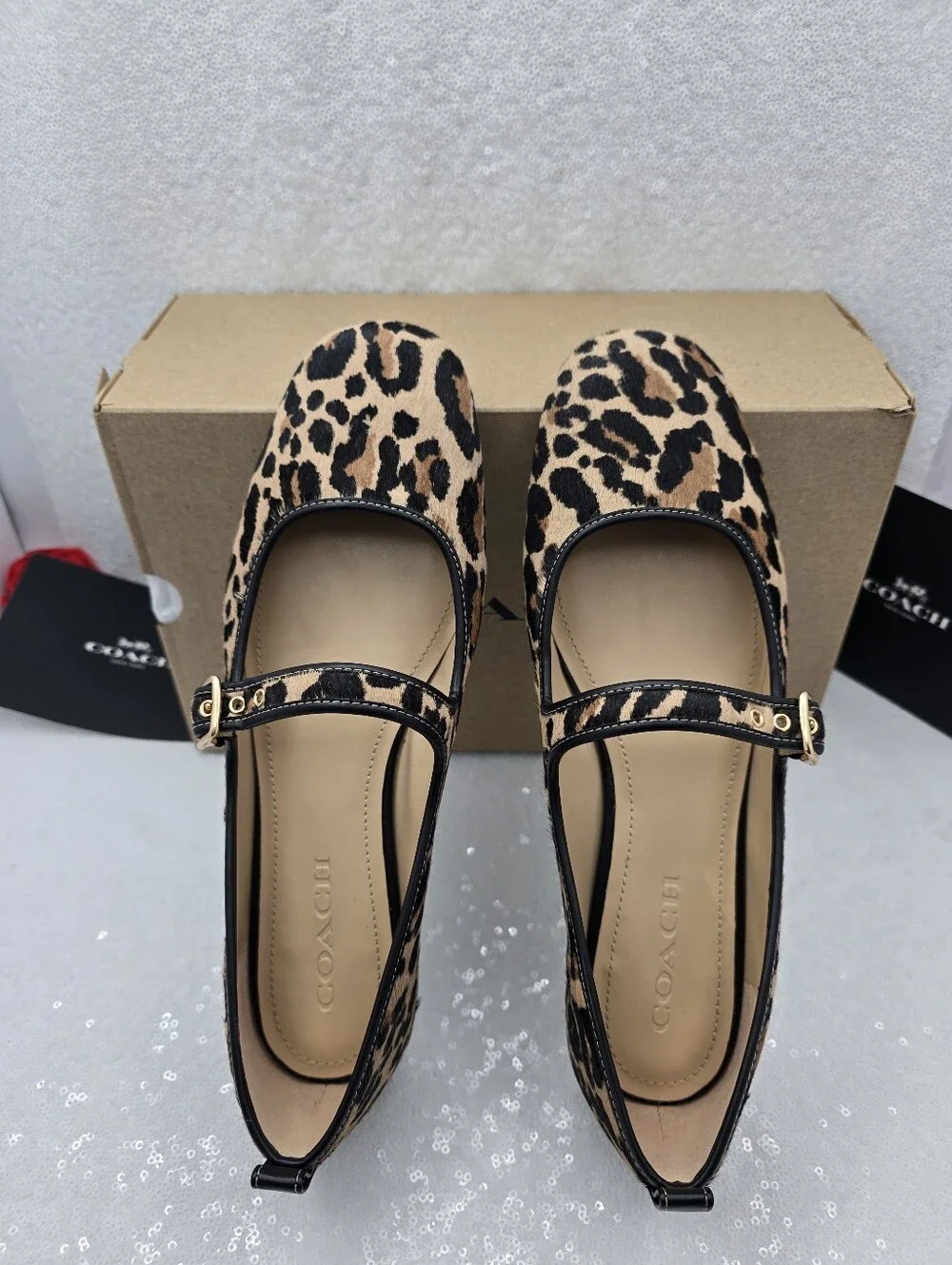 Coach C Rivet Mary Jane with Leopard Print Calfhair Women's sz 10 Tan & Black