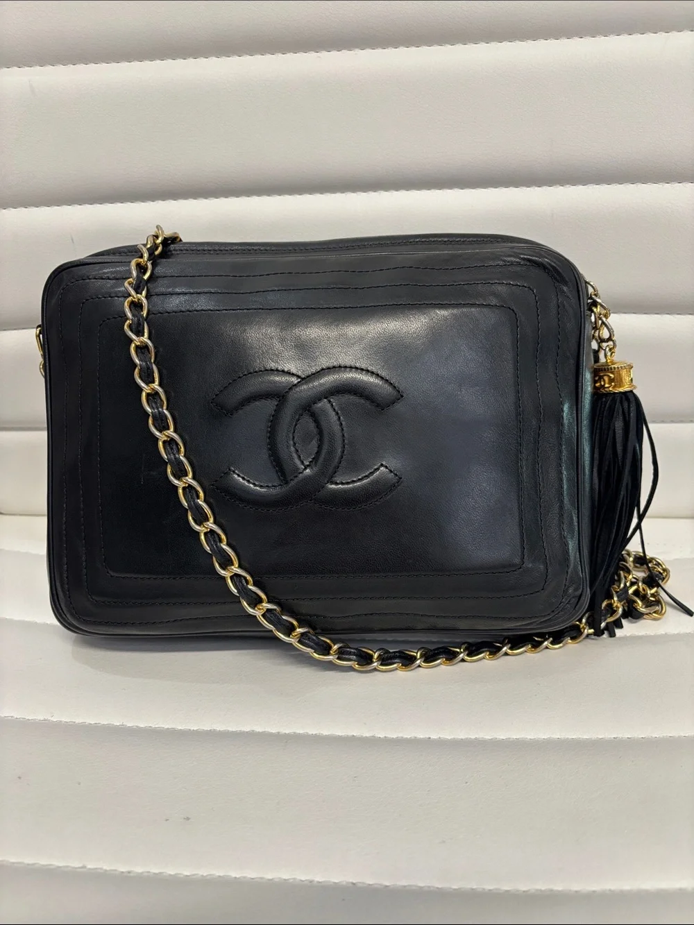 CHANEL Black Lambskin Crossbody Camera Bag with Gold Chain