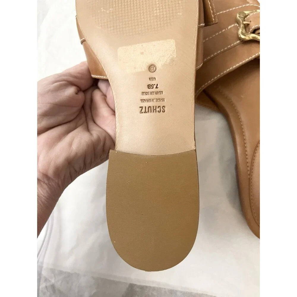 Schutz Wavy Sandals Size 7.5 $155 Brown Leather Flats Buckle Slides Casual Shoes