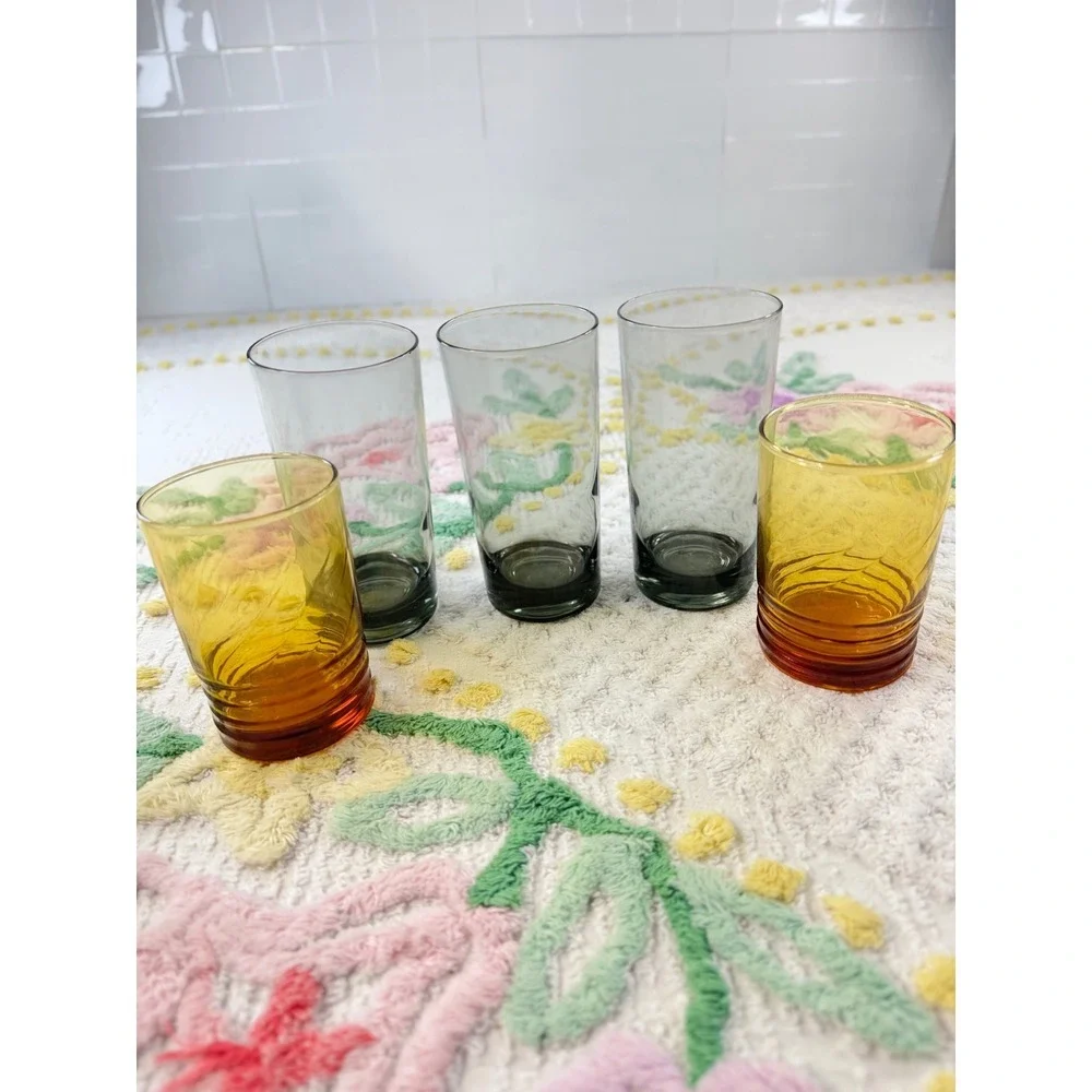 Vintage Mid Century Modern Glassware Set 5 Smoke Gray Highball‎ Amber Tumblers
