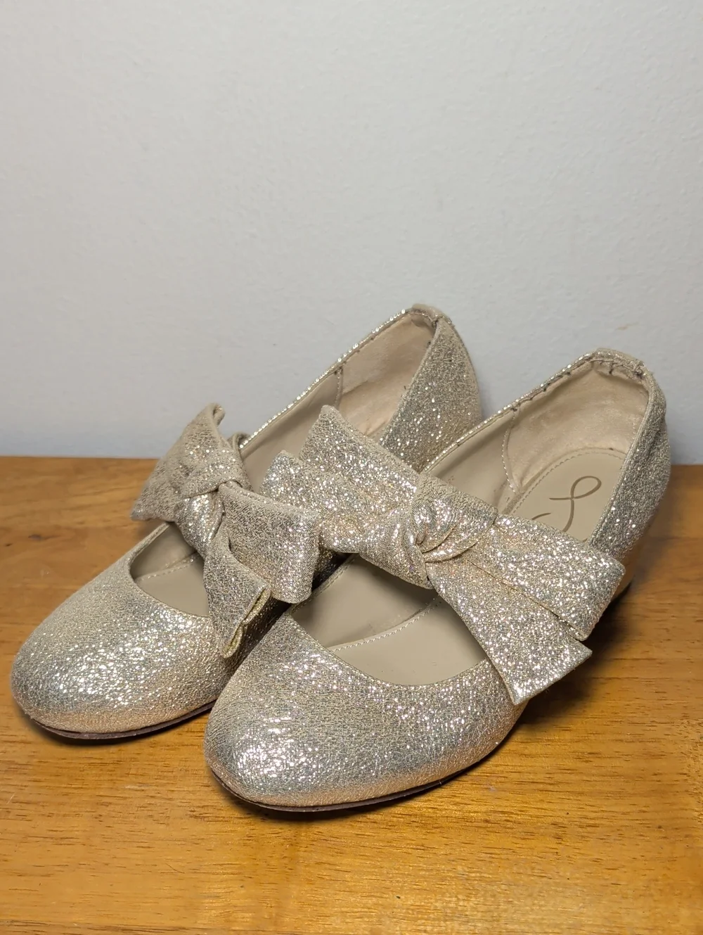 Sam Edelman Teddy Kids Shoes Gold Glitter Bow Block Heel Girls Size 3