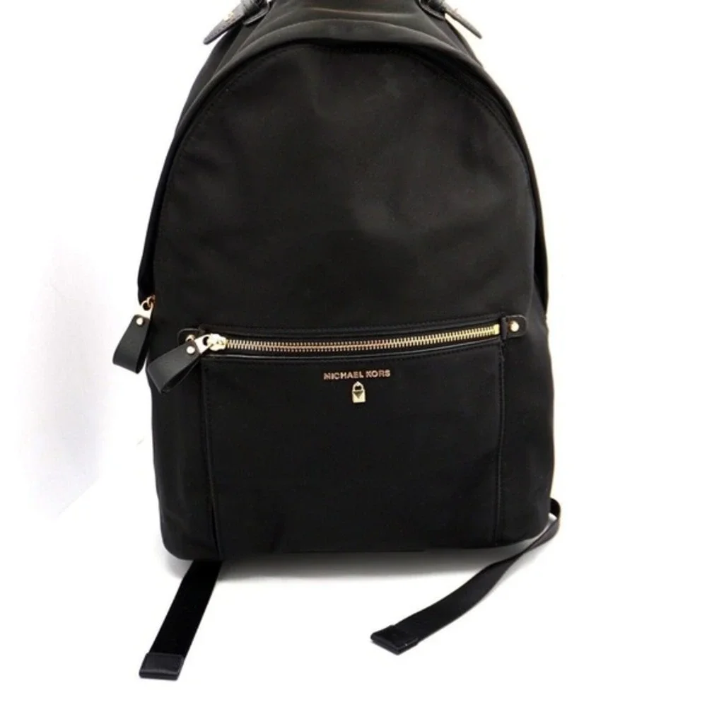Michael Kors Black Nylon Backpack Gold Hardware Front Zip Pocket Padlock‎ Charm