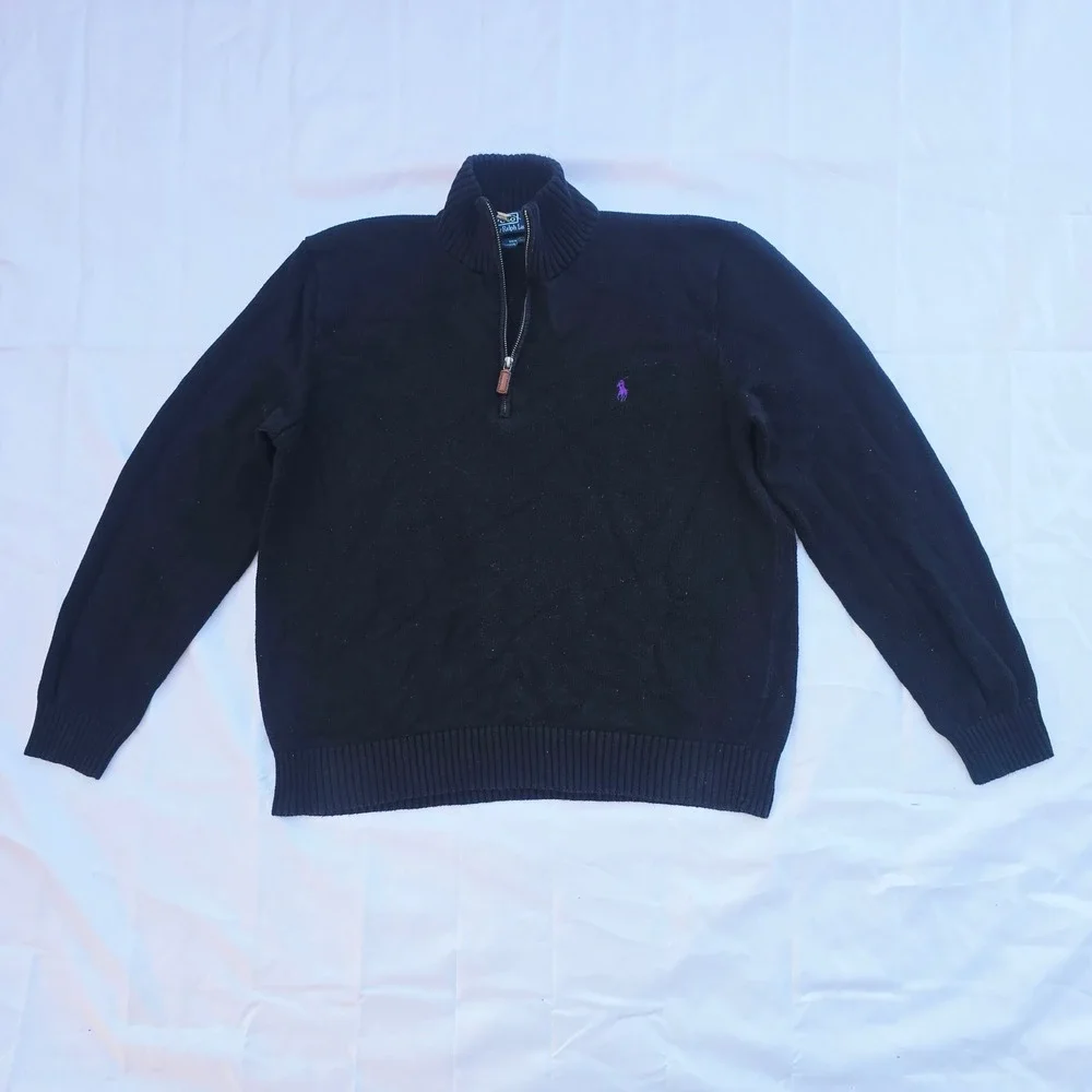 Polo Ralph Lauren Quarter Zip Sweater Mens XL Black Purple Cotton Pullover P23
