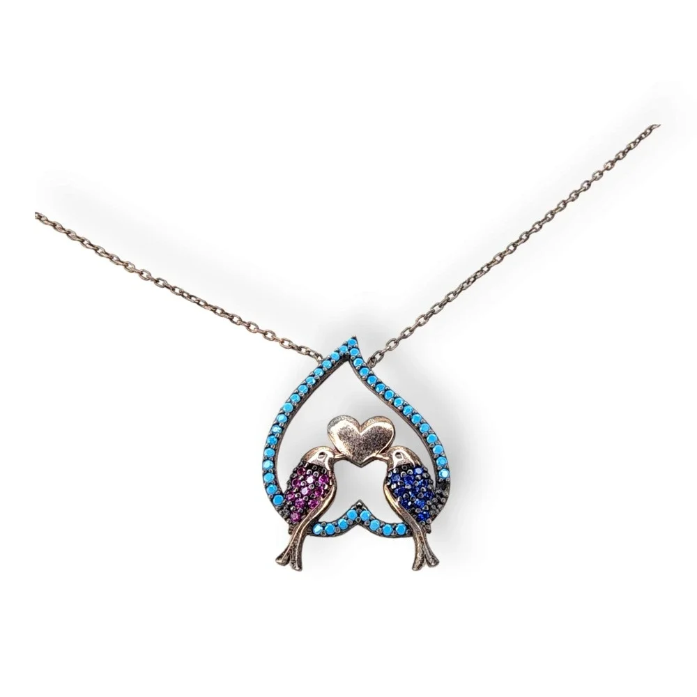 Adorable Lovebirds Necklace Sterling Silver 925 Goldwash Ruby Spinel Turquoise