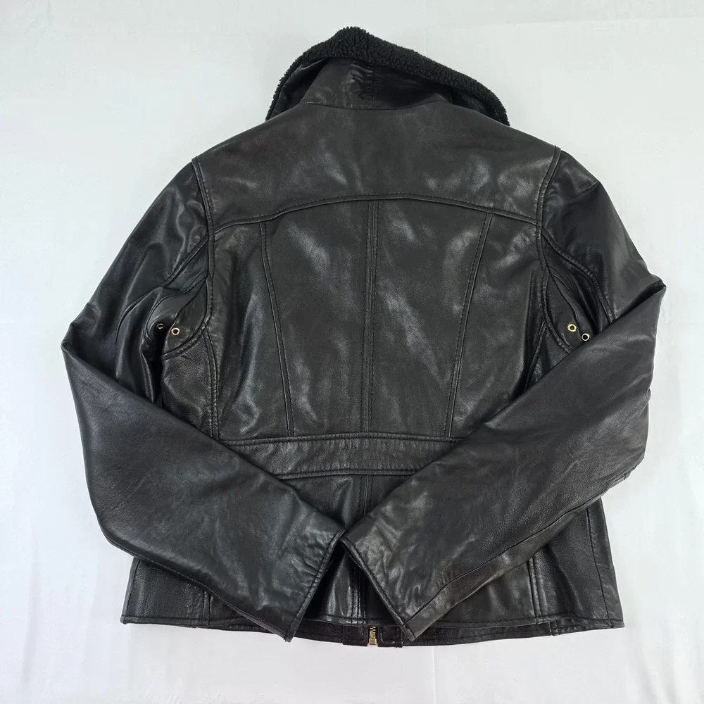 Michael Kors Jacket Womens XL Black Leather Moto Full Zip Sherpa Collar Lined
