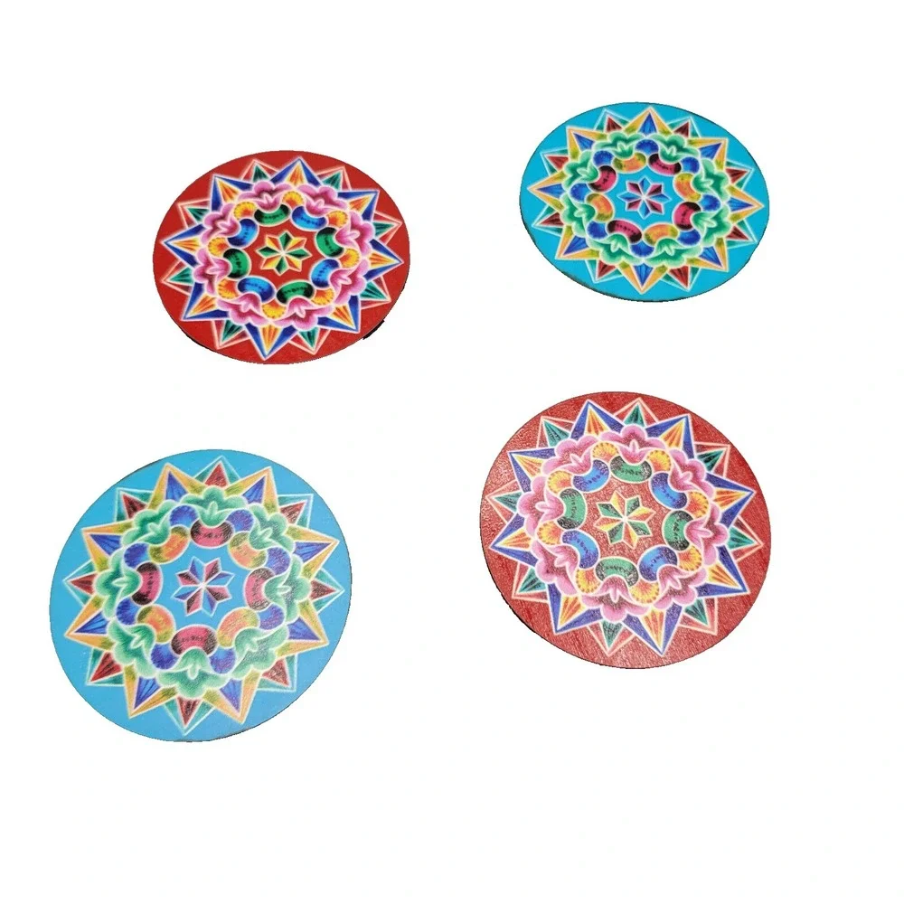 4 Piece Decorative Coaster Set Boho Folk Art Print Table Decor