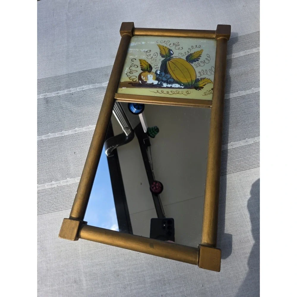 VTG 10x19.5 Gold Wood Wall Mirror‎ Reverse Painted Fruit Rustic Cottage