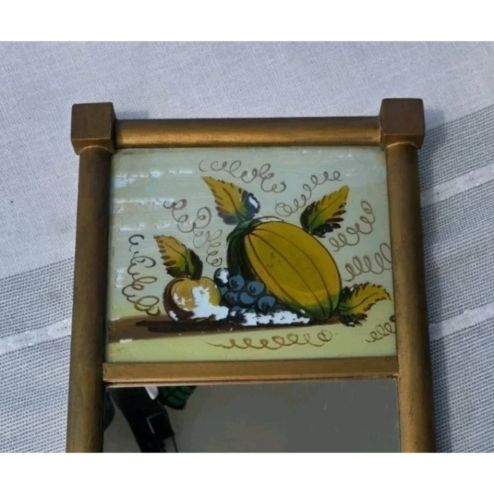 VTG 10x19.5 Gold Wood Wall Mirror‎ Reverse Painted Fruit Rustic Cottage