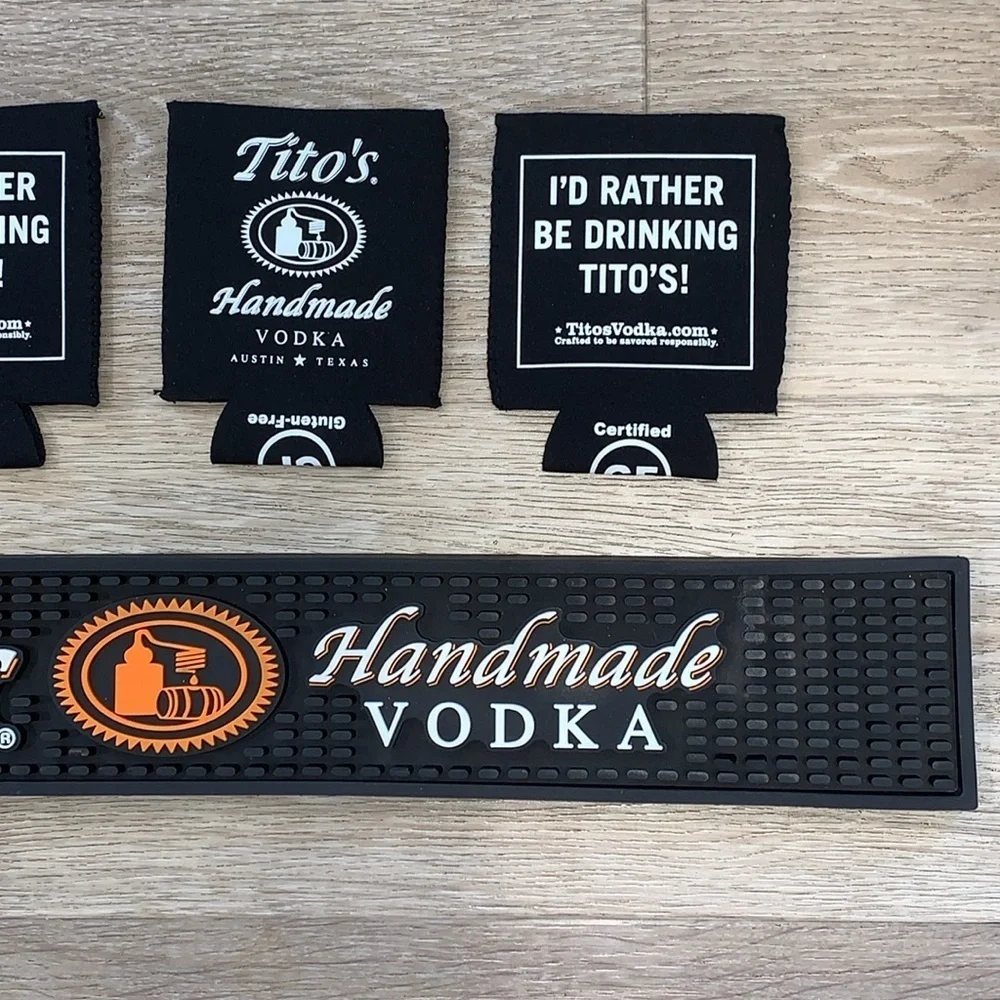 NWOT Tito’s Handmade Vodka Bar Spill Rail Mat and 4 Drink Koozies