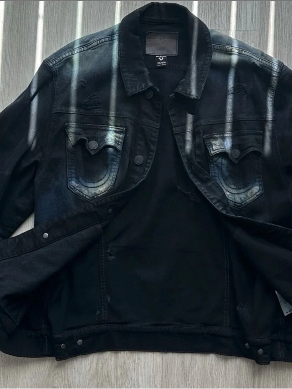 True Religion Black Denim Jacket with Blue Faded Accents