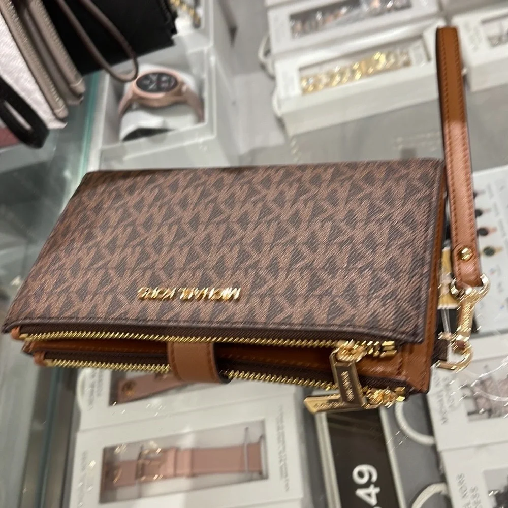 MICHAEL KORS LARGE DOUBLE ZIP WRISTLET PHONEHOLDER WALLET CLUTCH Brown