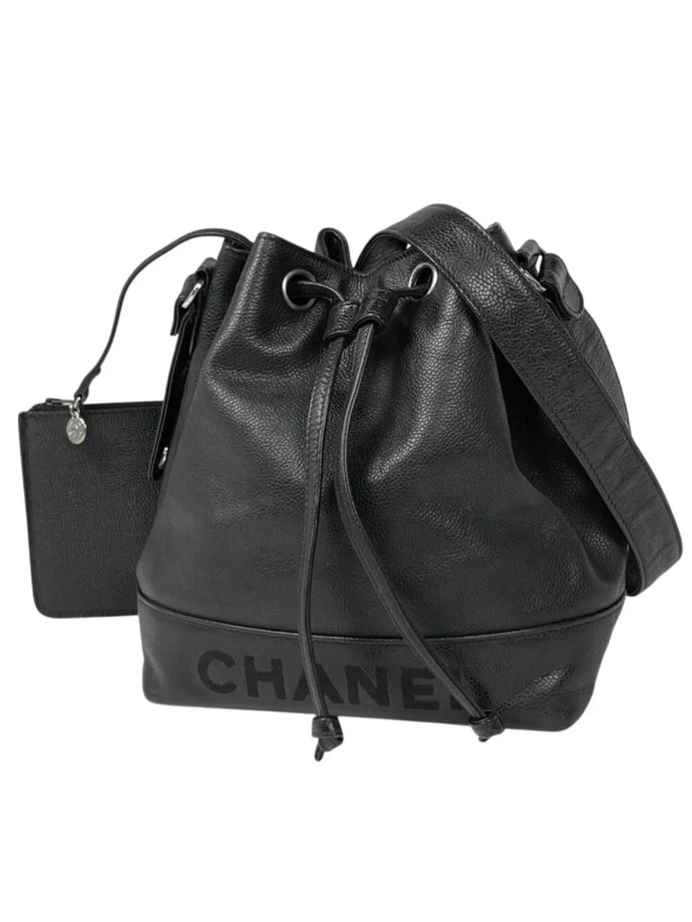 Chanel Logo Chain Shoulder Bag Drawstring Caviar Leather Black