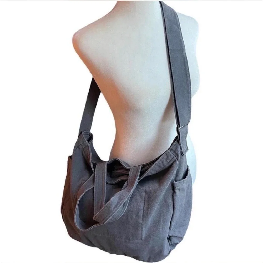 Unisex Gray Canvas Large Capacity Messenger / Crossbody Tote Bag - New