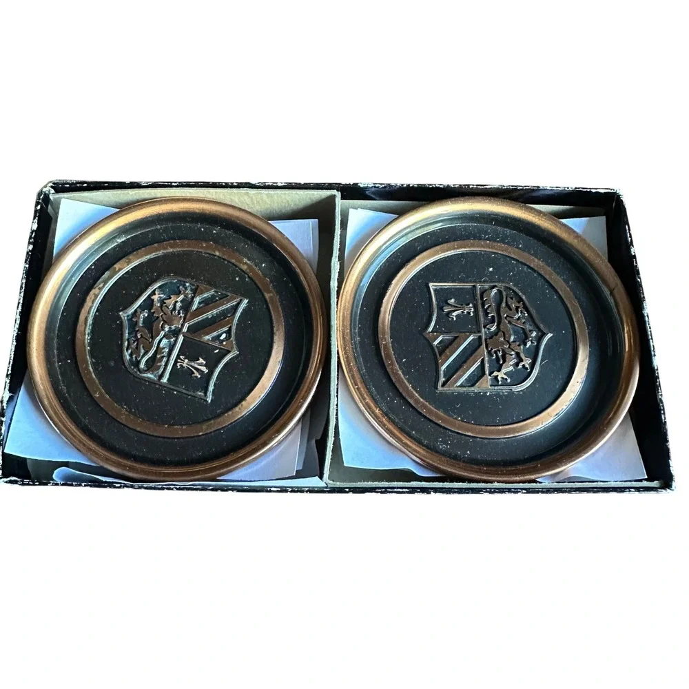Hyde Park Coasters Vintage Bronze Black Metal Heraldic Crest Set of 6 3.75in