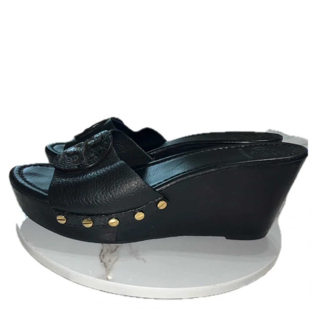 TORY BURCH Leather Slides, Black Size:9M