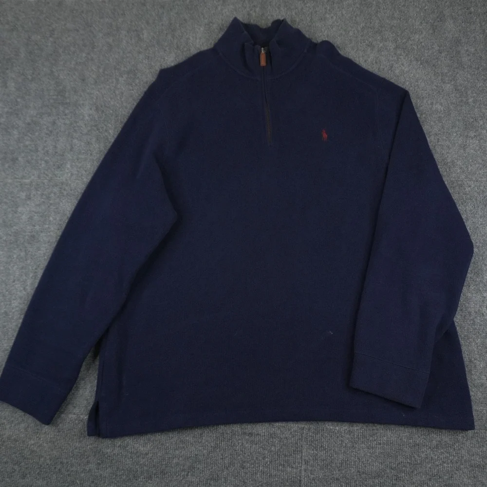 Polo Ralph Lauren Quarter Zip Pullover Mens‎ XXL Navy Blue Cotton Red Pony Logo