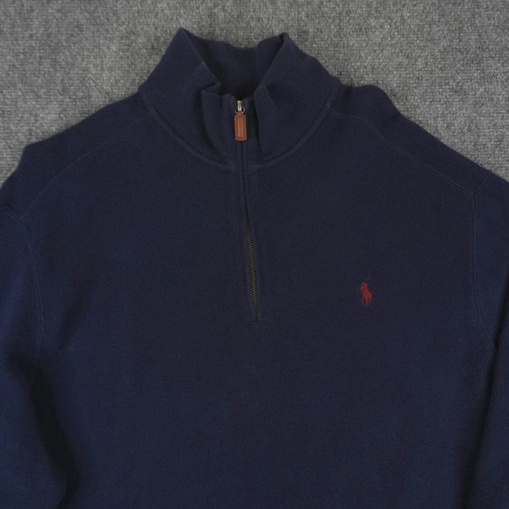 Polo Ralph Lauren Quarter Zip Pullover Mens‎ XXL Navy Blue Cotton Red Pony Logo