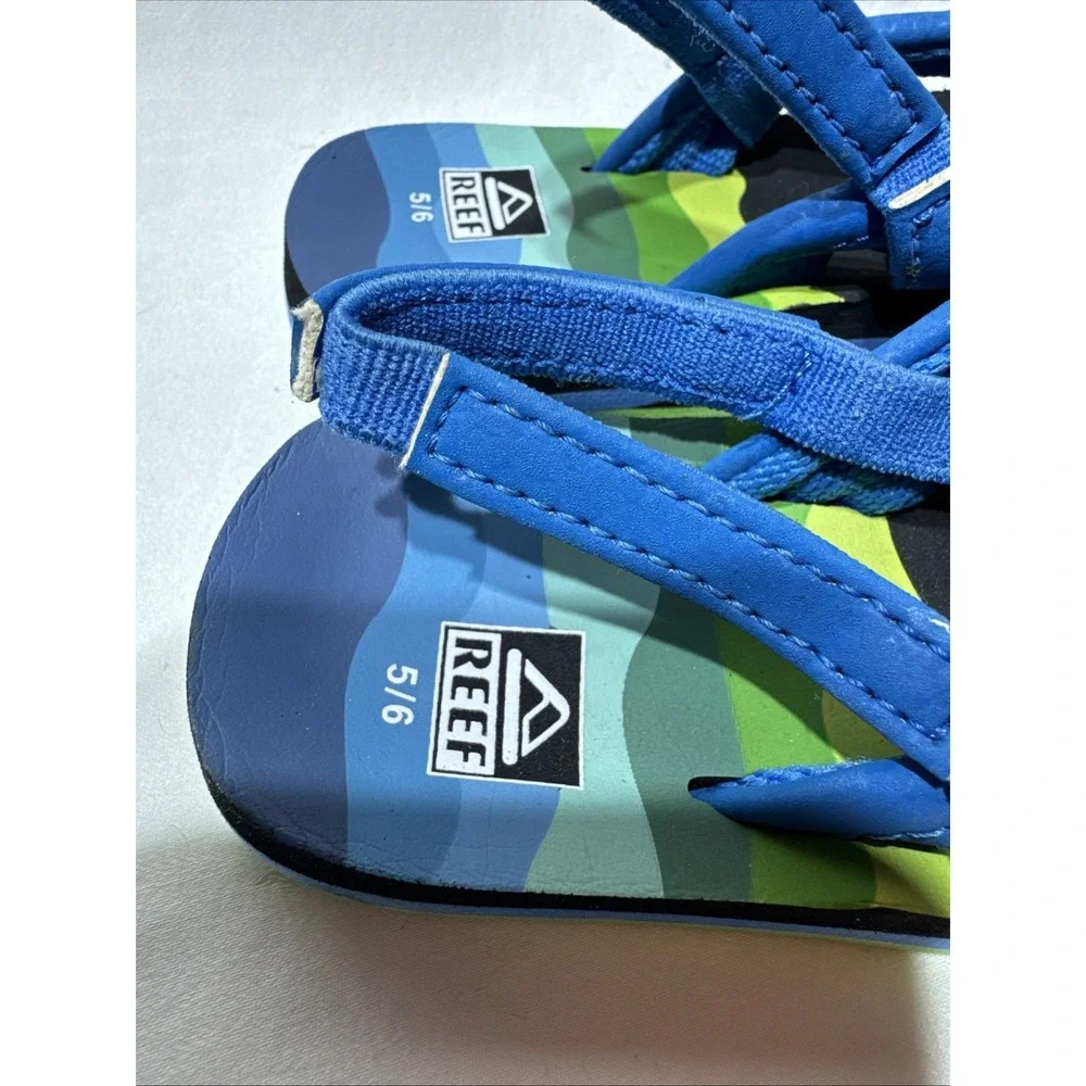 Reef ‎ 5/6 Little Ahi Flip Flops Sandals Blue Green Black Unisex Preowned