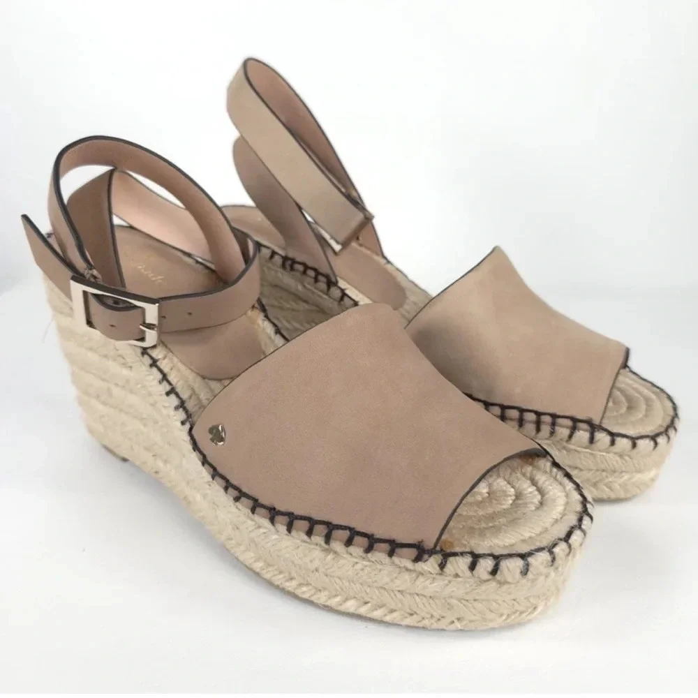 KATE SPADE FELIPA LEATHER Espadrilles Wedge Sandal Slingback PEANUT Tan 9.5M