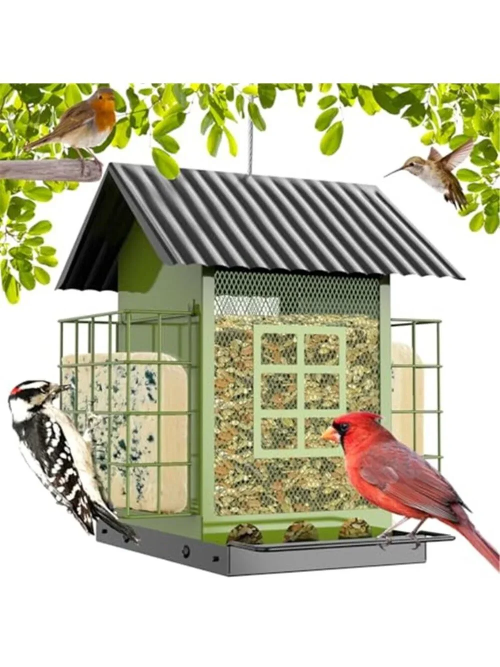 Bird Feeders for Outdoors Hanging, Metal Bird Feeder with Double Suet Cage Cake