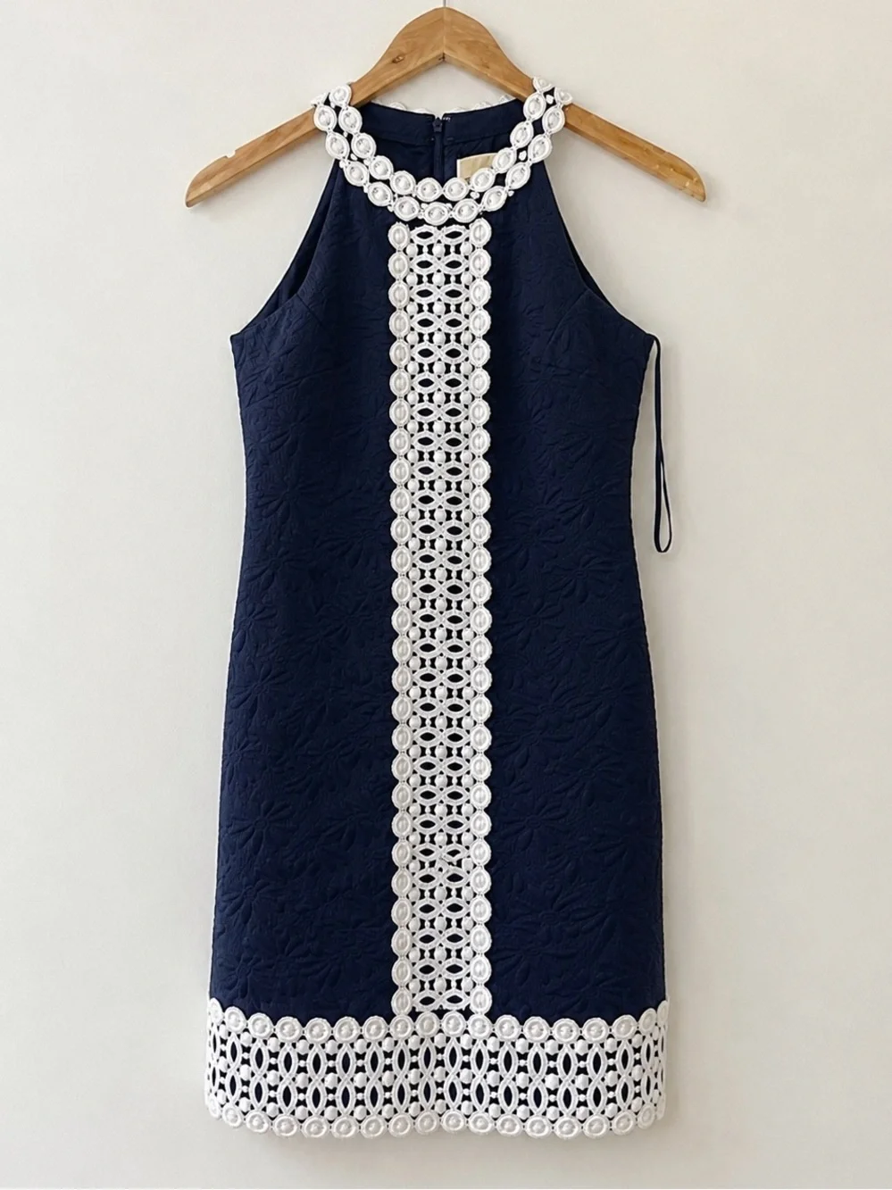 Michael Michael Kors Navy Floral Jacquard Lace Trim Sheath Dress Size 6
