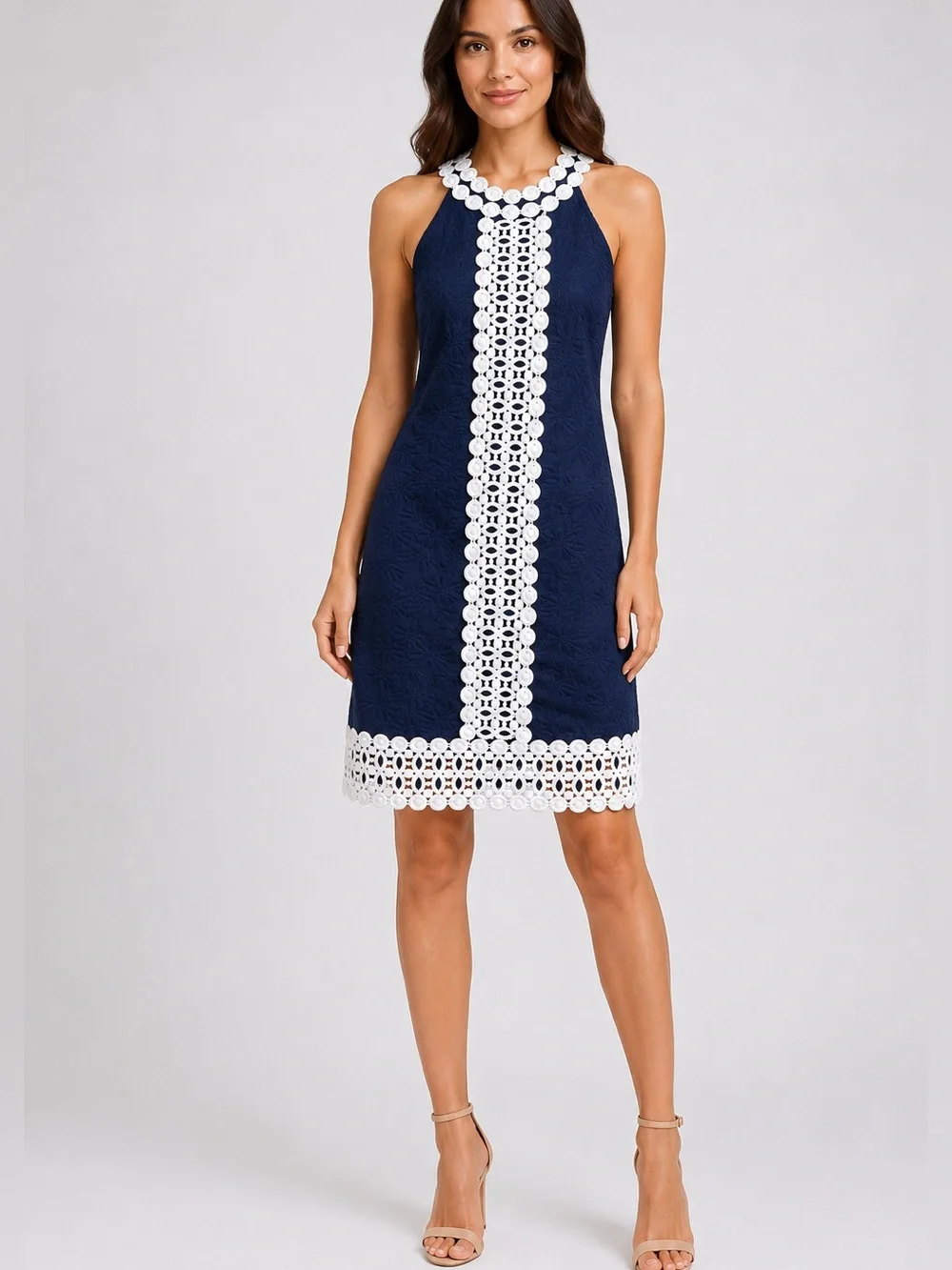 Michael Michael Kors Navy Floral Jacquard Lace Trim Sheath Dress Size 6