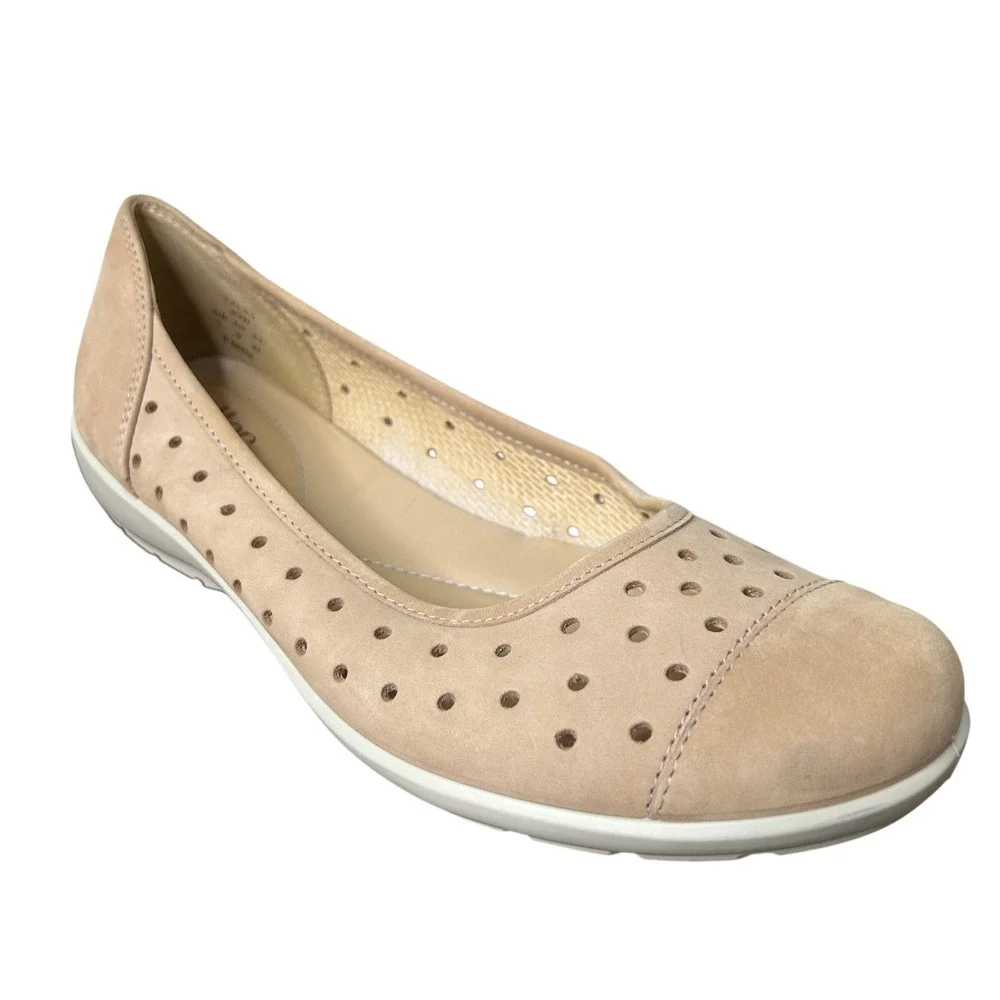 Hotter Flats US 9 EU 41 Livvy Tan Suede Perforated Comfort‎ Ballet