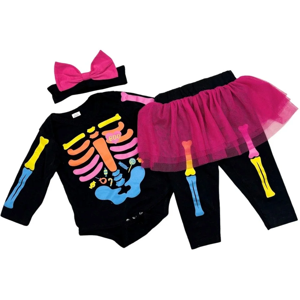 Baby Girl 6 9 12 Mos Halloween Skeleton Outfit Tulle‎ Pink Skirt Black Candy Bow