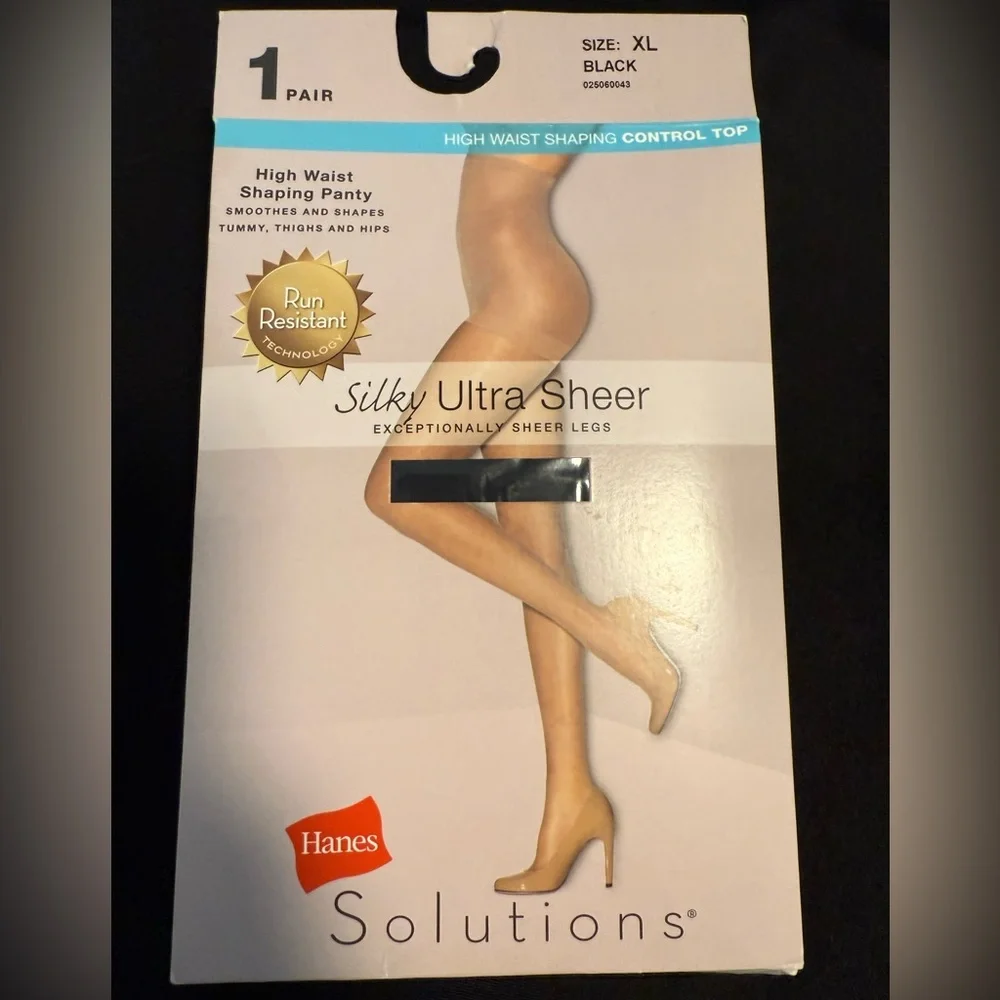 Black Pantyhose Hanes Solutions Control Top Silky Ultra‎ Sheer Shaping XL No Run