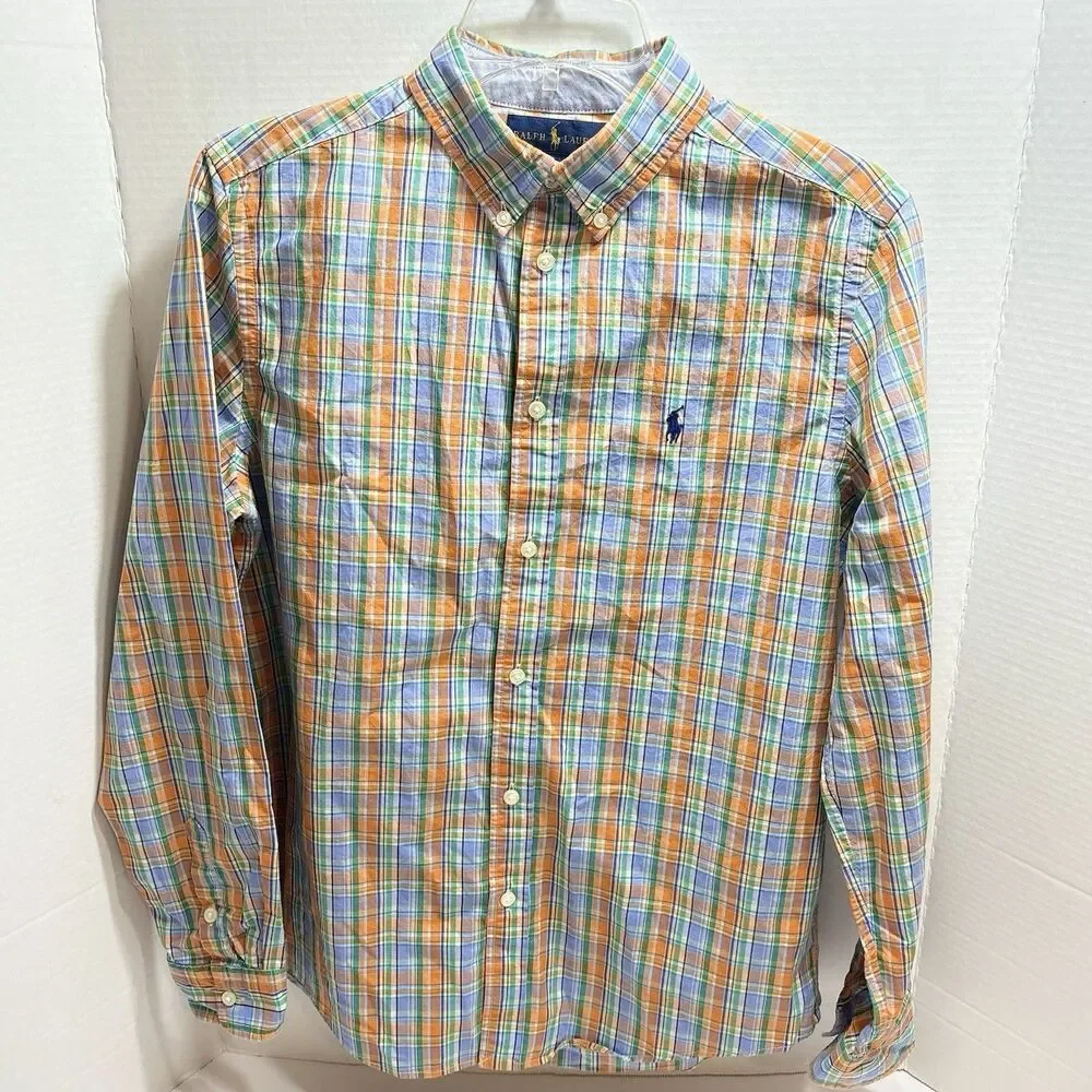 Polo Ralph Lauren Boys Size XL Orange/Blue  Plaid Button Front Oxford Shirt