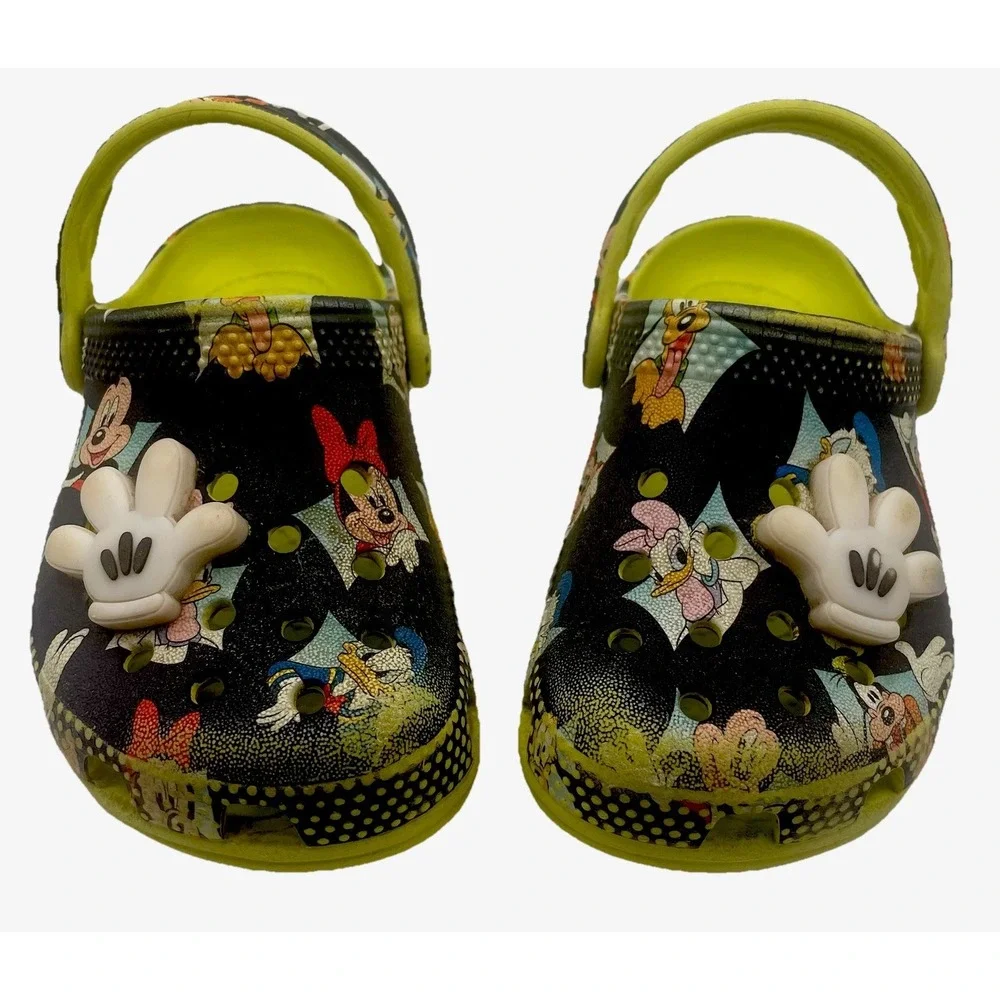 Disney Mickey Minnie Crocs Kids C8 Black Lime‎ Classic Clog Jibbitz Toddler