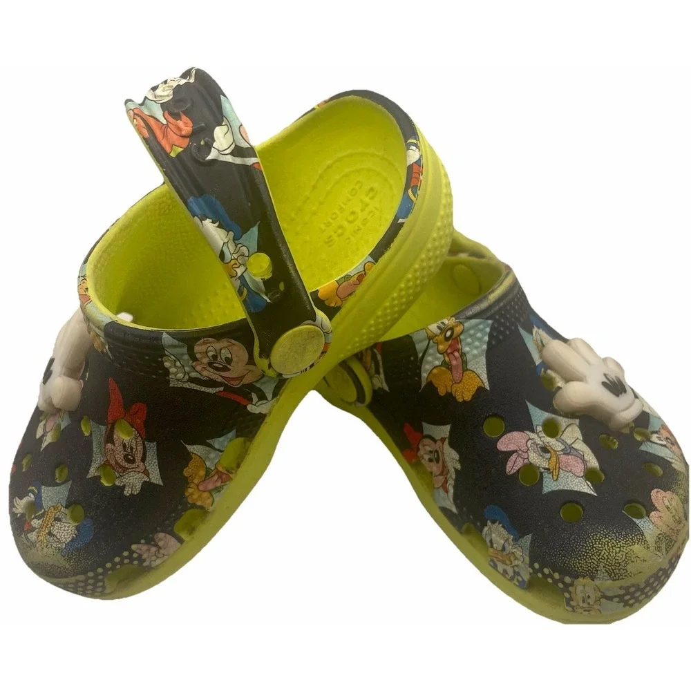 Disney Mickey Minnie Crocs Kids C8 Black Lime‎ Classic Clog Jibbitz Toddler